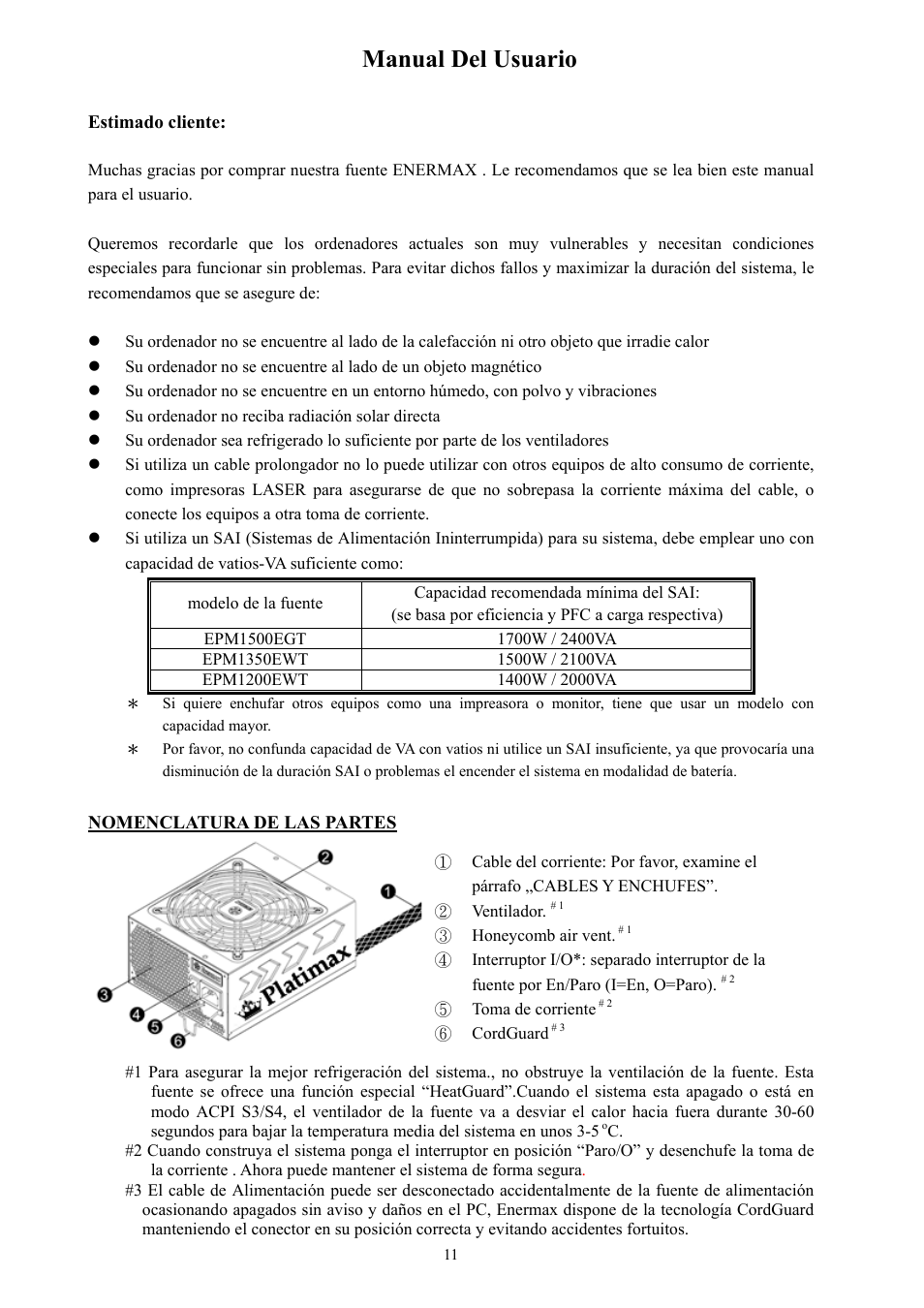 Manual del usuario | Enermax Platimax EPM1500EGT User Manual | Page 12 / 55
