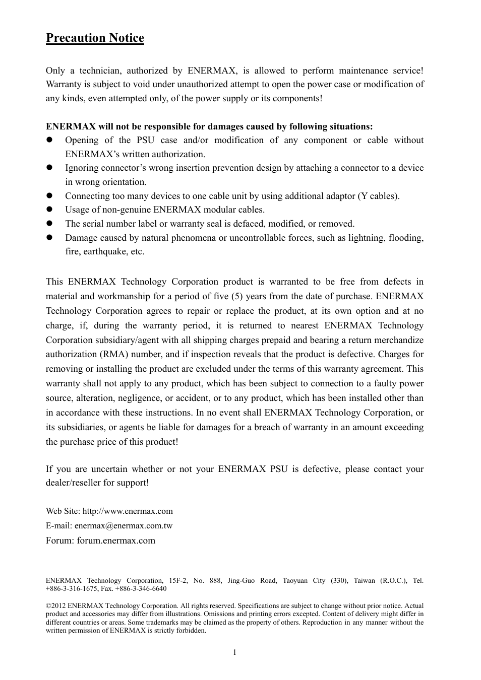 Precaution notice | Enermax Platimax EPM1500EGT User Manual | Page 2 / 55