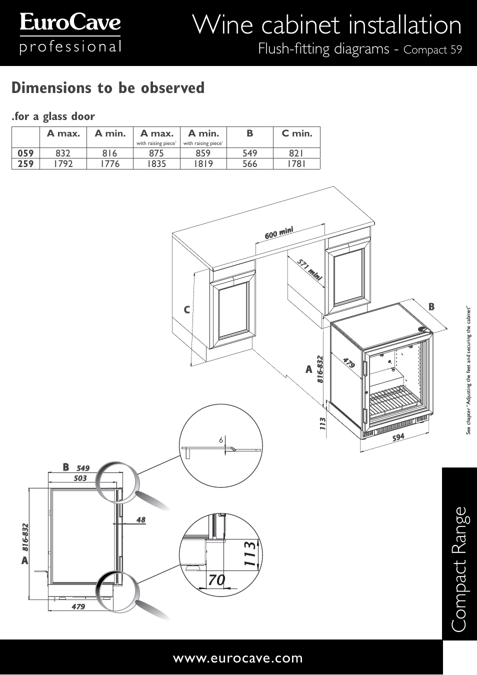 Wine cabinet installation, Compact range, Dimensions to be observed | Flush-fitting diagrams, Compact 59, For a glass door, Ac b b | Eurocave S259 User Manual | Page 2 / 5