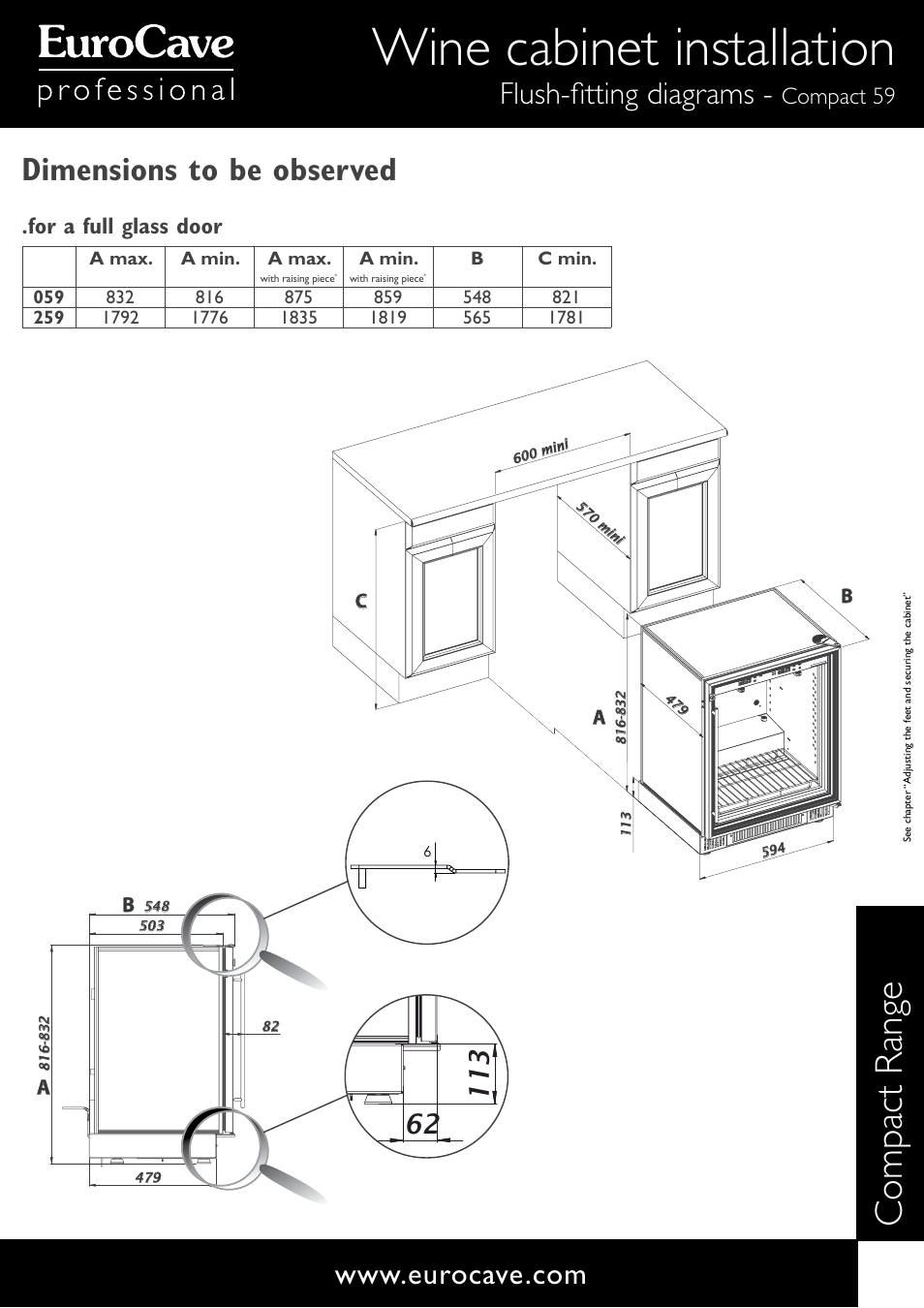 Wine cabinet installation, Compact range, Dimensions to be observed | Flush-fitting diagrams, Compact 59, For a full glass door | Eurocave S259 User Manual | Page 3 / 5