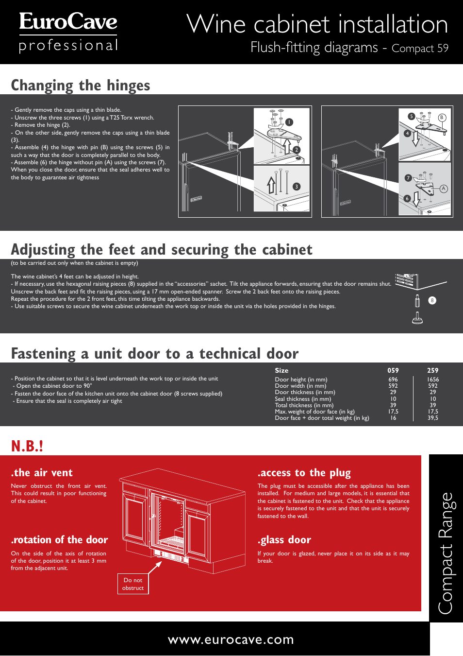Wine cabinet installation, Compact range, Flush-fitting diagrams | Compact 59 | Eurocave S259 User Manual | Page 5 / 5