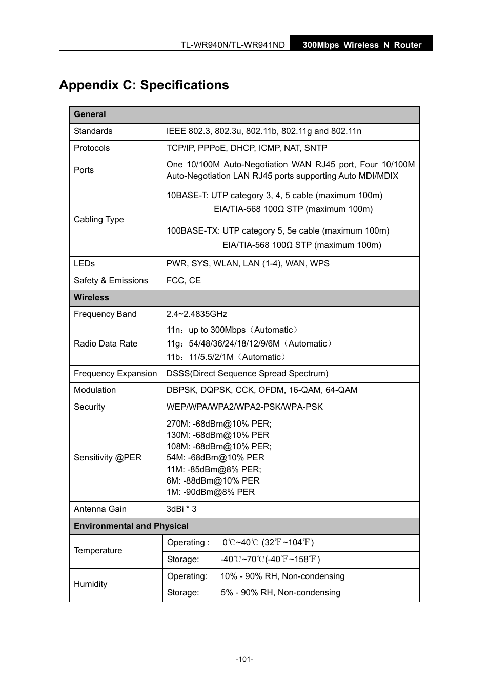 Appendix c: specifications | TP-Link TL-WR940N User Manual | Page 109 / 111