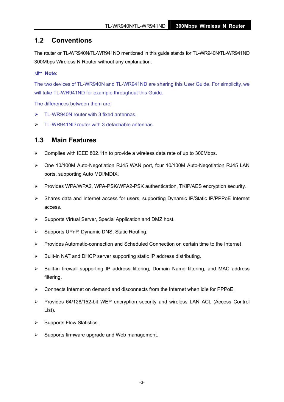 2 conventions, 3 main features, Conventions | Main features | TP-Link TL-WR940N User Manual | Page 11 / 111