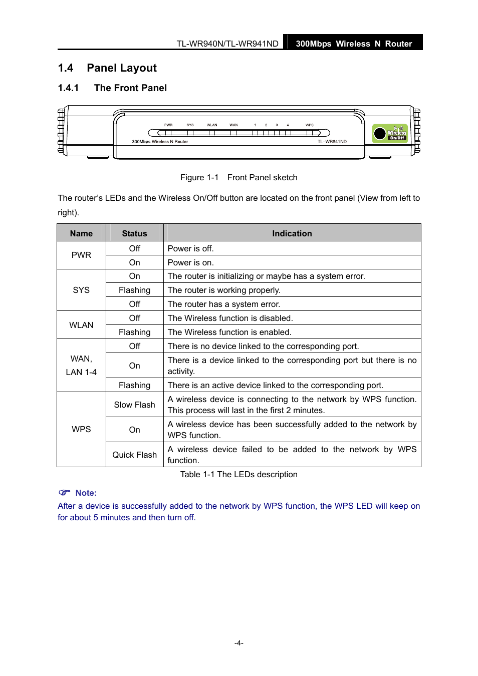 4 panel layout, 1 the front panel, Panel layout | The front panel | TP-Link TL-WR940N User Manual | Page 12 / 111