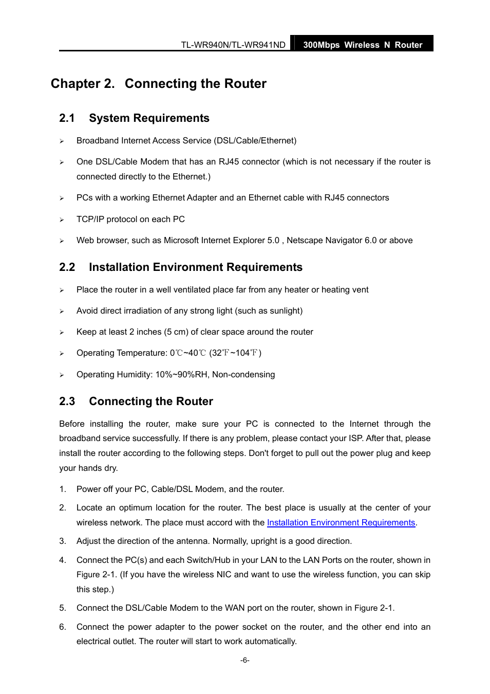 Chapter 2. connecting the router, 1 system requirements, 2 installation environment requirements | 3 connecting the router, Chapter 2, Connecting the router, System requirements, Installation environment requirements | TP-Link TL-WR940N User Manual | Page 14 / 111