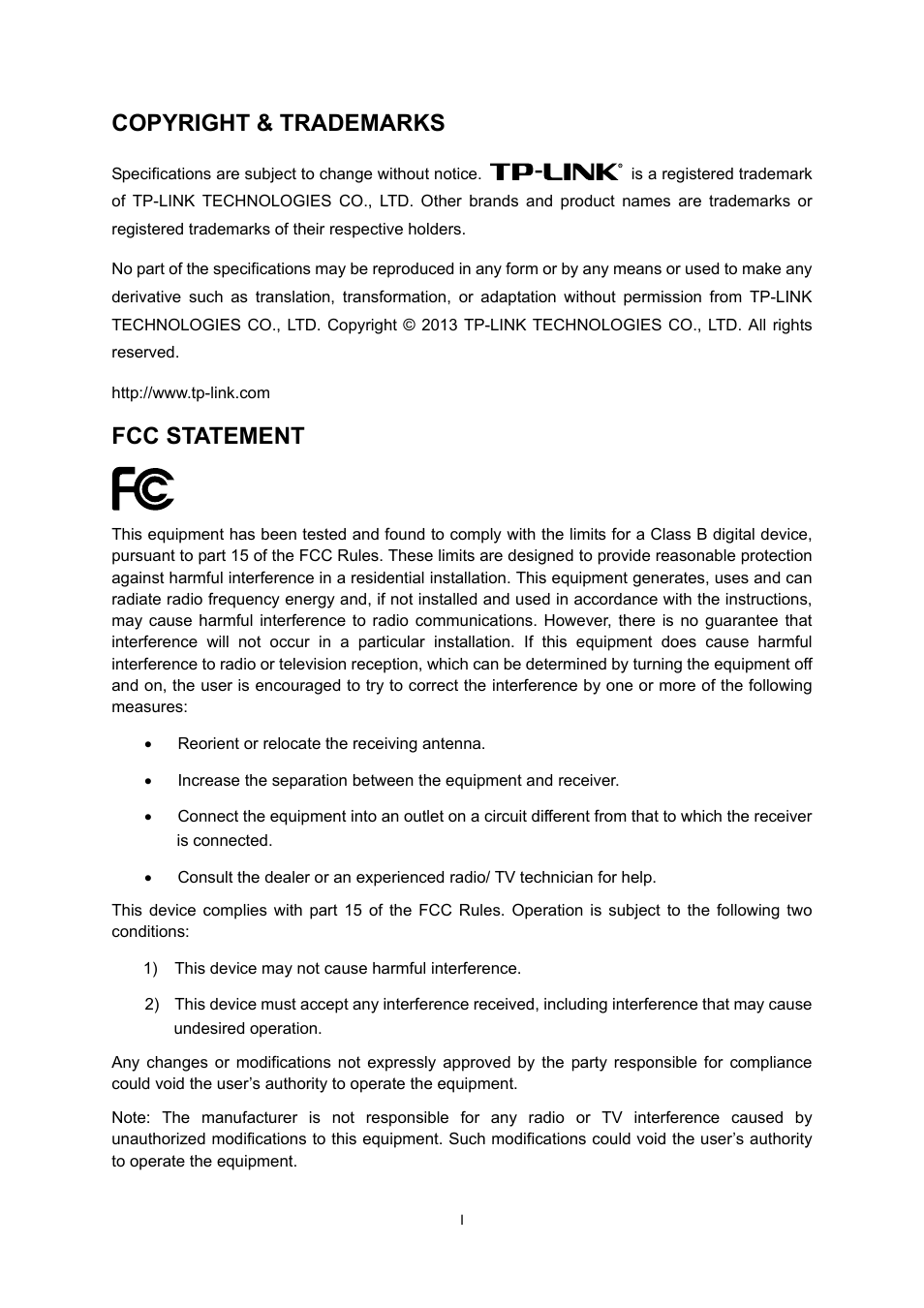 Copyright & trademarks, Fcc statement | TP-Link TL-WR940N User Manual | Page 2 / 111