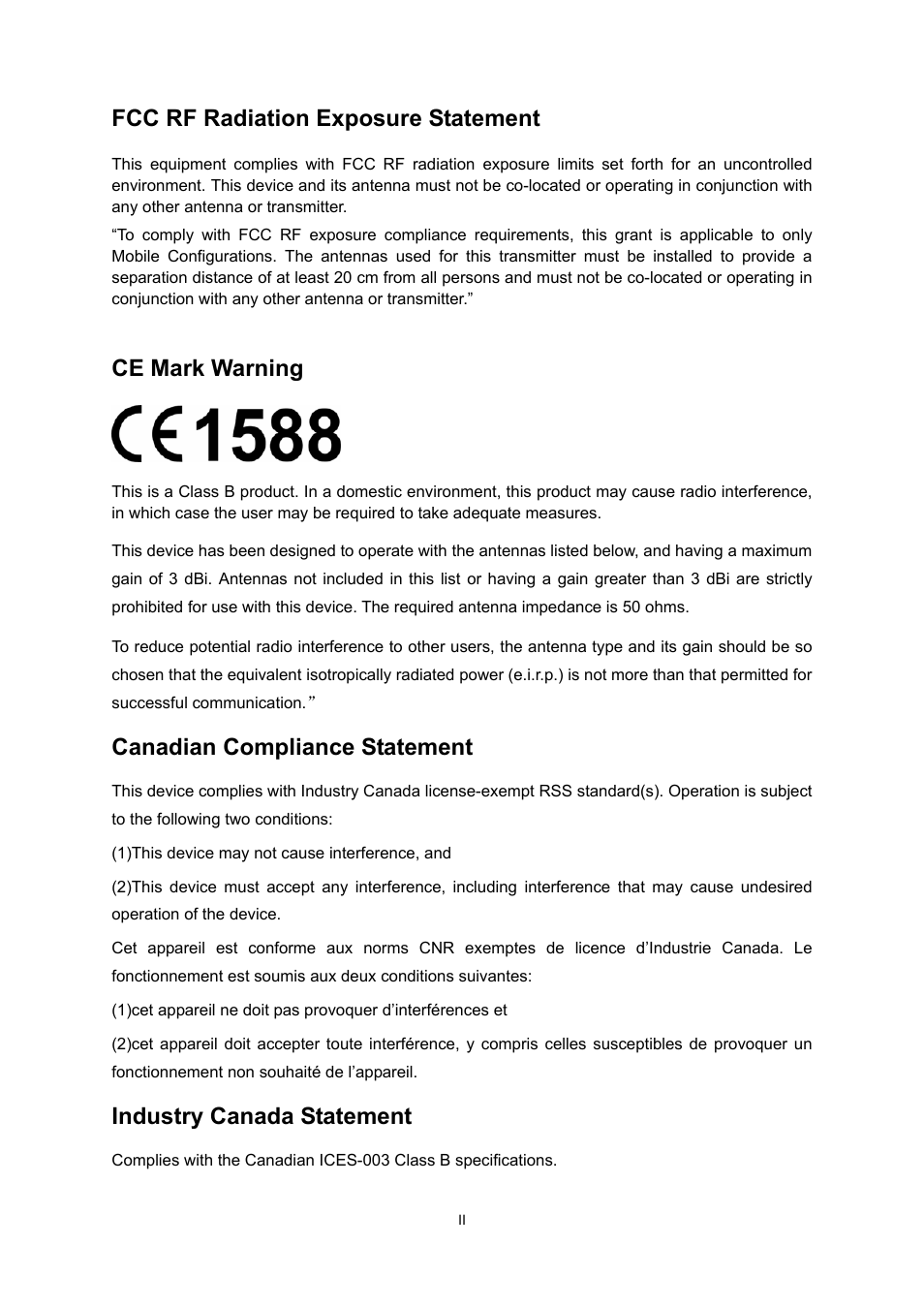 Fcc rf radiation exposure statement, Ce mark warning, Canadian compliance statement | Industry canada statement | TP-Link TL-WR940N User Manual | Page 3 / 111
