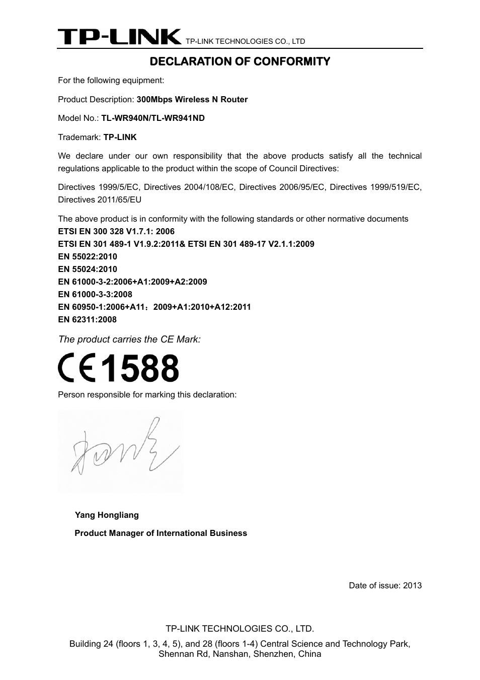 Declaration of conformity | TP-Link TL-WR940N User Manual | Page 5 / 111