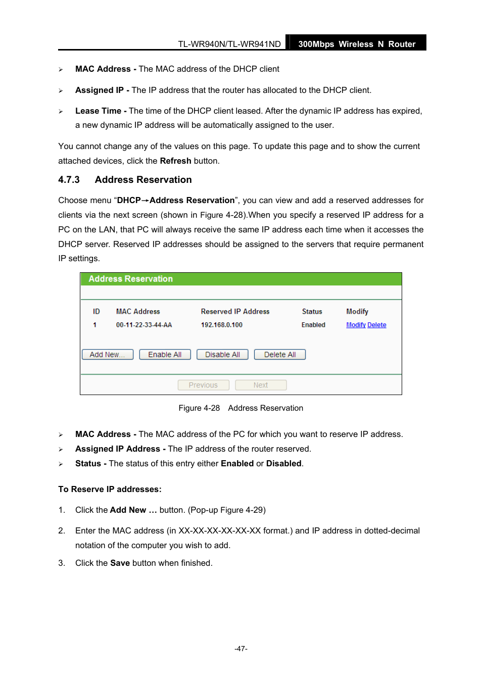 3 address reservation, Address reservation | TP-Link TL-WR940N User Manual | Page 55 / 111