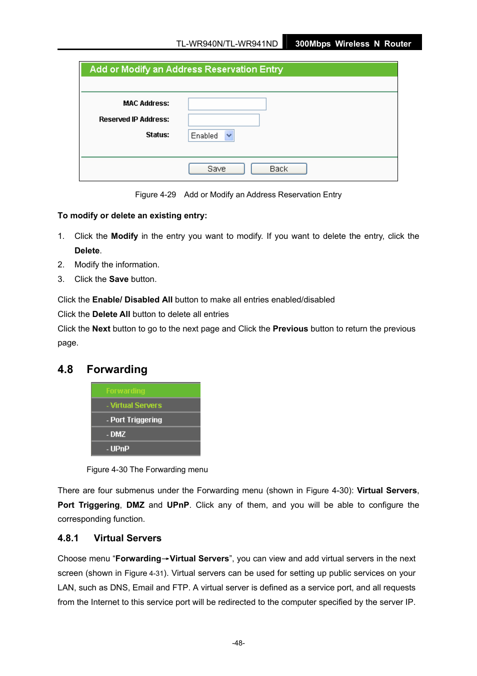 8 forwarding, 1 virtual servers, Forwarding | Virtual servers | TP-Link TL-WR940N User Manual | Page 56 / 111