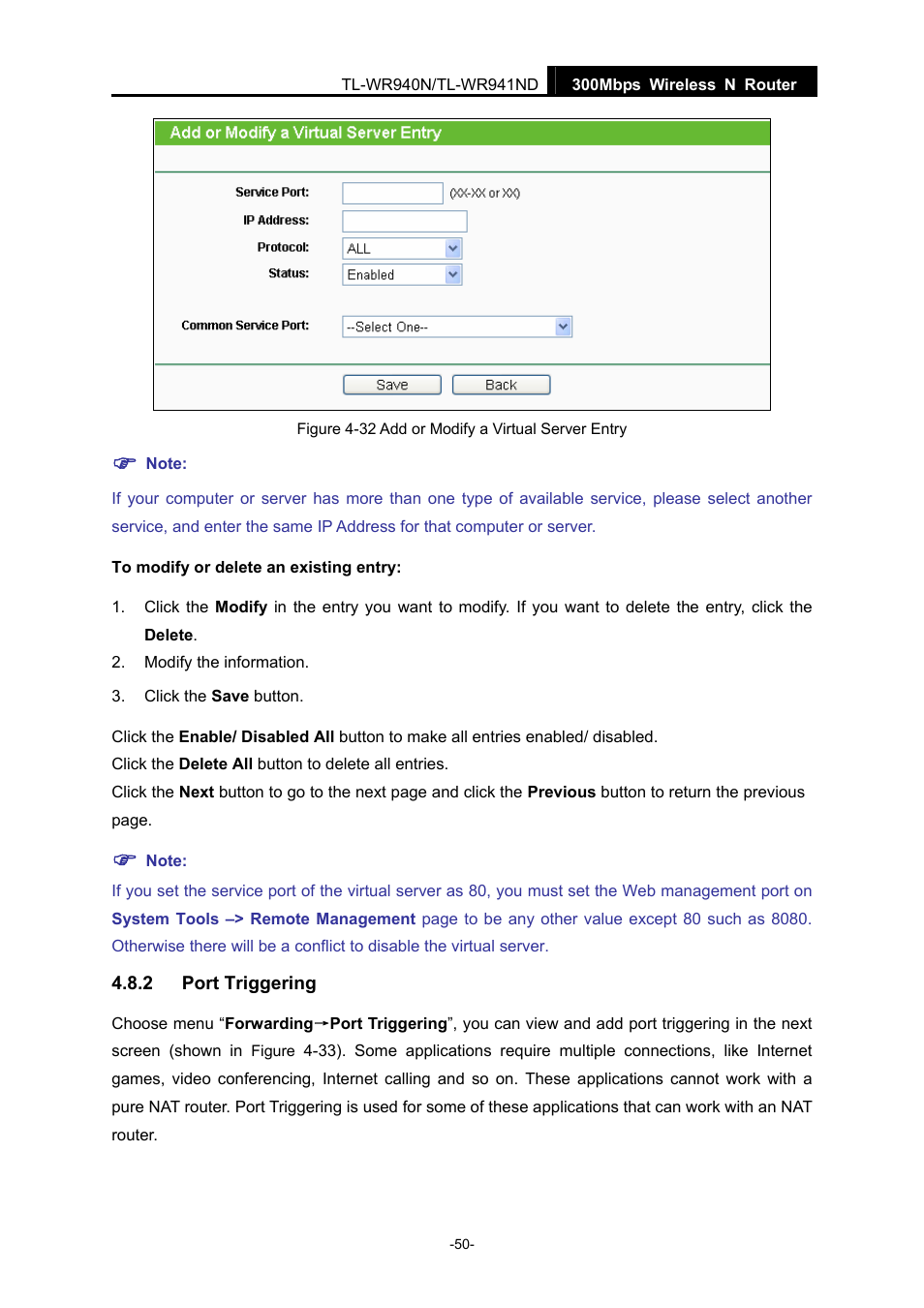 2 port triggering, Port triggering | TP-Link TL-WR940N User Manual | Page 58 / 111