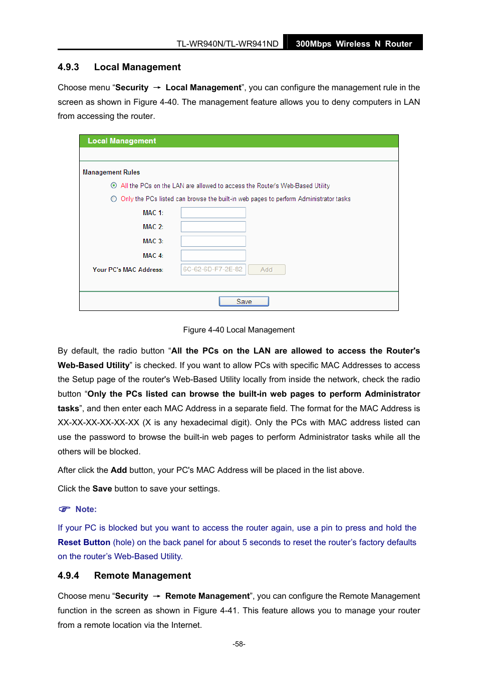 3 local management, 4 remote management, Local management | Remote management | TP-Link TL-WR940N User Manual | Page 66 / 111