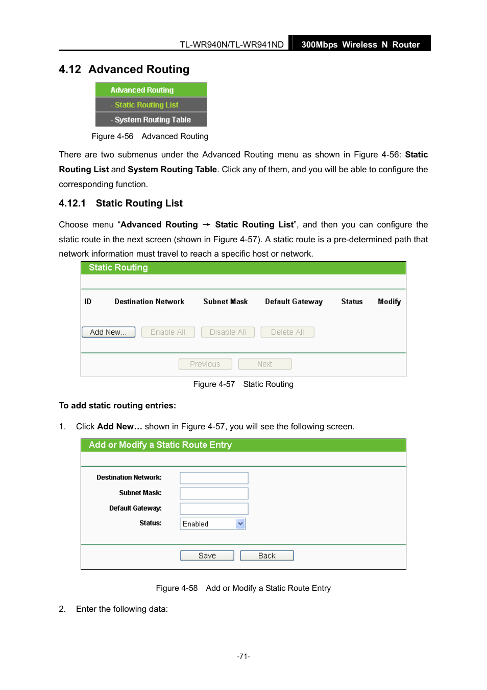 12 advanced routing, 1 static routing list, Advanced routing | Static routing list | TP-Link TL-WR940N User Manual | Page 79 / 111