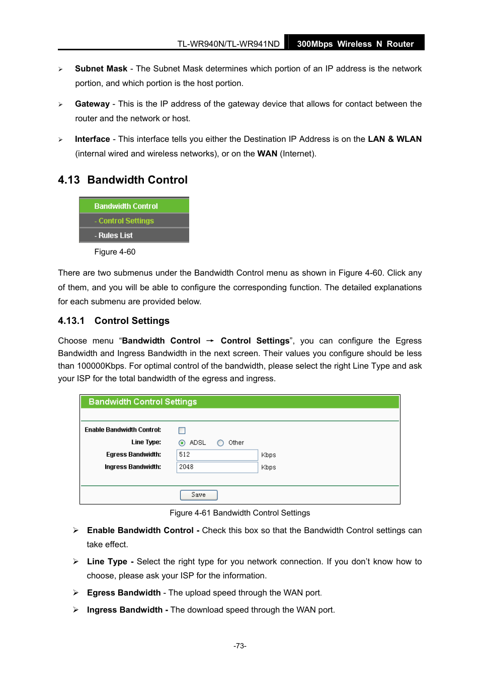 13 bandwidth control, 1 control settings, Bandwidth control | Control settings | TP-Link TL-WR940N User Manual | Page 81 / 111