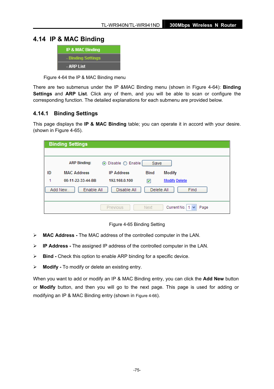 14 ip & mac binding, 1 binding settings, Ip & mac binding | Binding settings | TP-Link TL-WR940N User Manual | Page 83 / 111