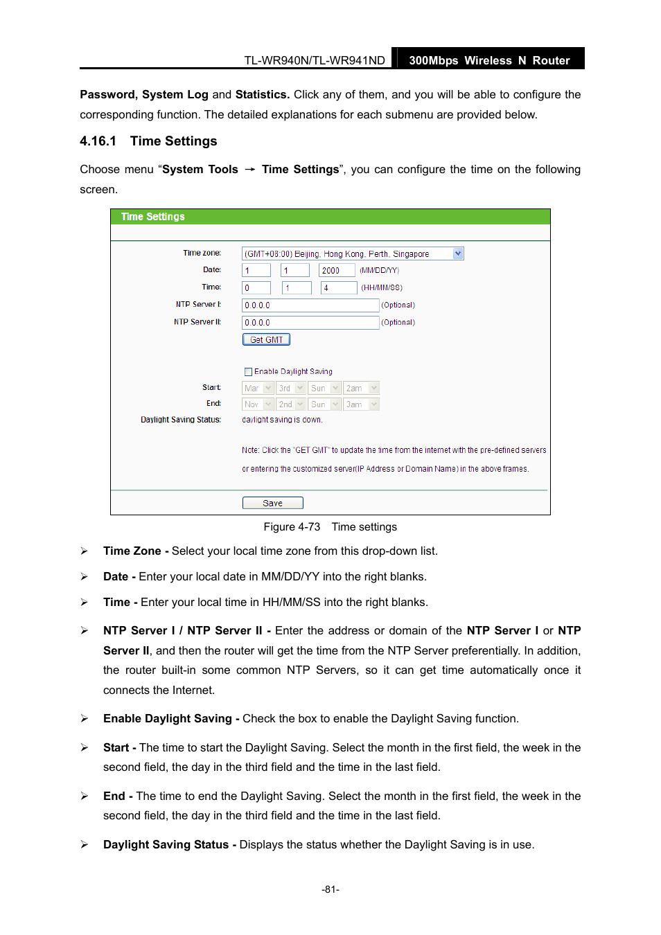 1 time settings, Time settings | TP-Link TL-WR940N User Manual | Page 89 / 111