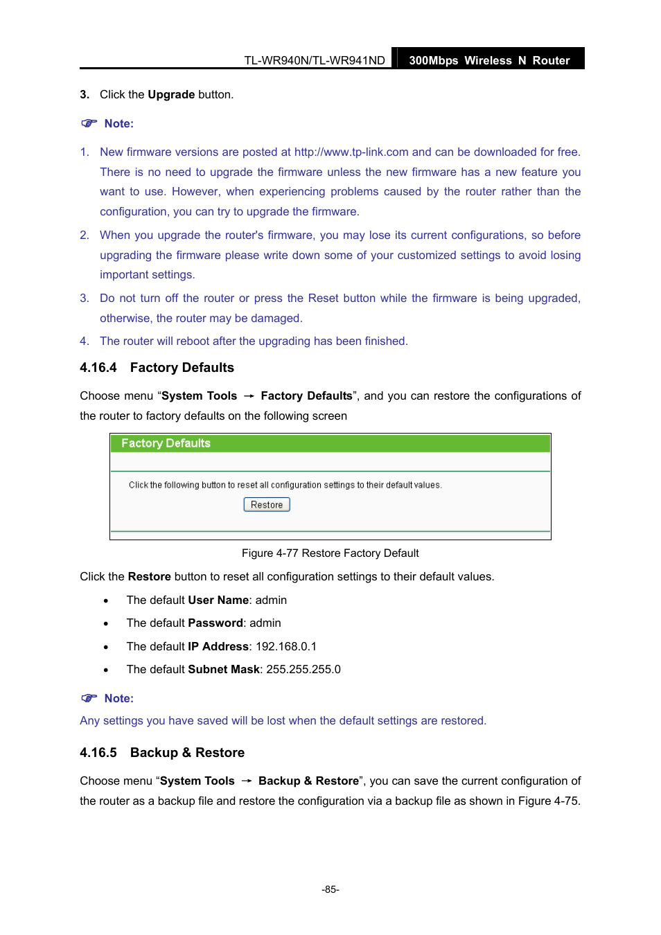 4 factory defaults, 5 backup & restore, Factory defaults | Backup & restore | TP-Link TL-WR940N User Manual | Page 93 / 111