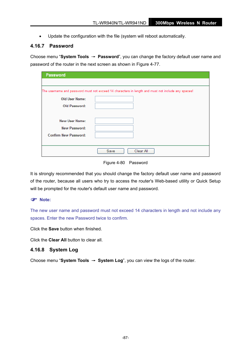 7 password, 8 system log, Password | System log | TP-Link TL-WR940N User Manual | Page 95 / 111