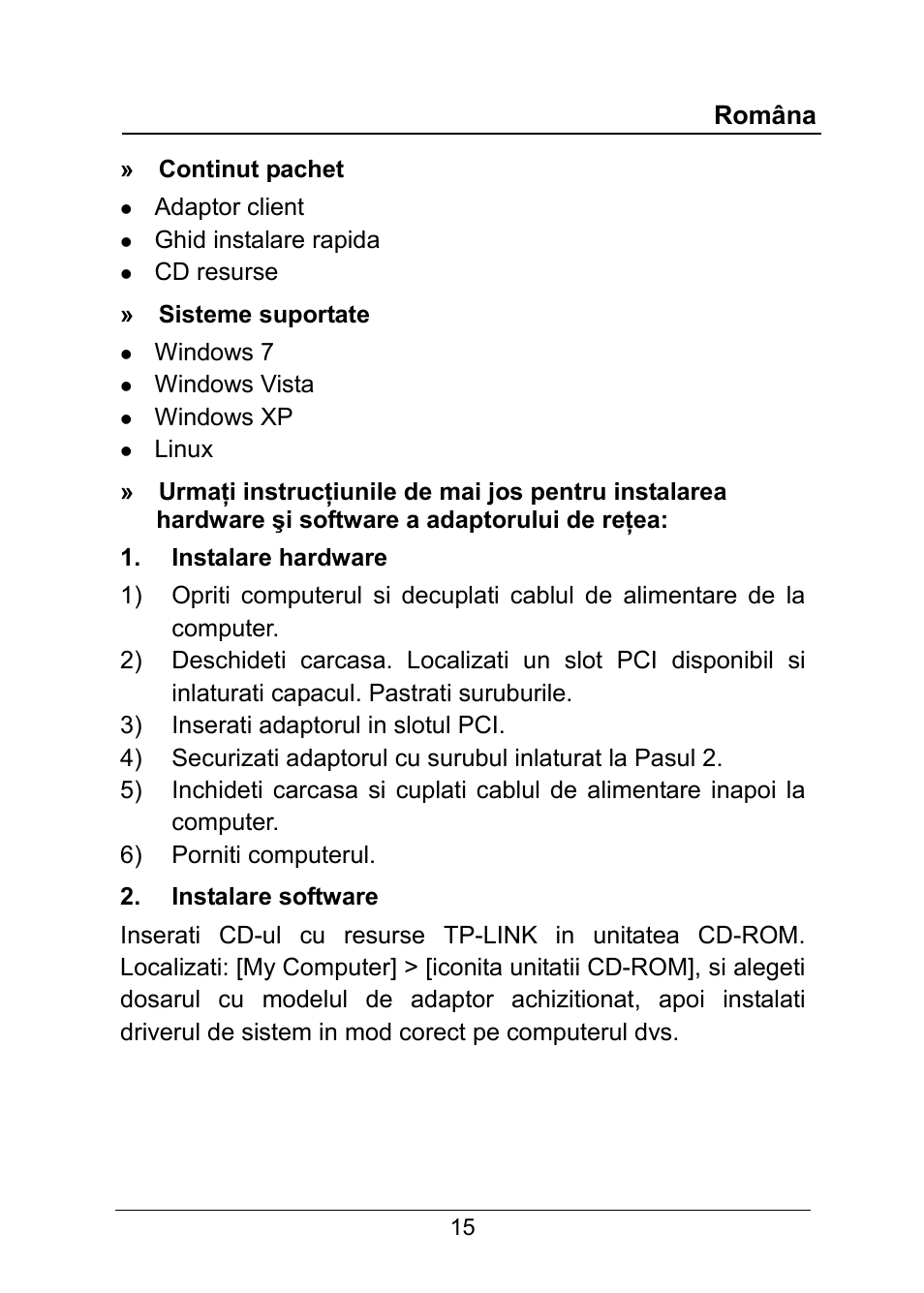 Româna | TP-Link TG-3269 User Manual | Page 17 / 24