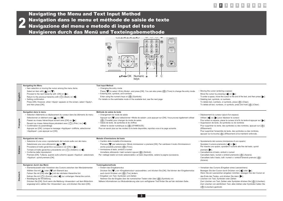 Navigating the menu and text input method, Navigazione del menu e metodo di input del testo, Navigieren durch das menü und texteingabemethode | Canon i-SENSYS MF8080Cw User Manual | Page 10 / 276