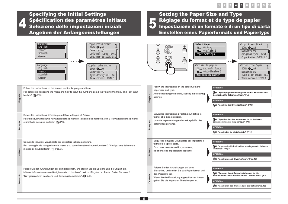Specifying the initial settings, Setting the paper size and type, Spécification des paramètres initiaux | Réglage du format et du type de papier, Selezione delle impostazioni iniziali, Impostazione di un formato e di un tipo di carta, Angeben der anfangseinstellungen, Einstellen eines papierformats und papiertyps | Canon i-SENSYS MF8080Cw User Manual | Page 12 / 276