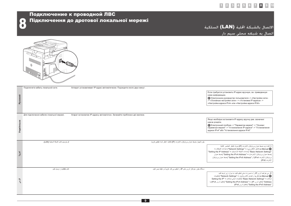 Подключение к проводной лвс, Підключення до дротової локальної мережі, الاتصال بالشبكة المحلية (lan) السلكية | اتصال به شبکه محلی سیم دار, Стор. 9), 9 ص) "ةيكلسلا (lan) ةيلحملا ةكبشلاب لاصتلاا, 9 هحفص) "راد ميس یلحم هکبش هب لاصتا | Canon i-SENSYS MF8080Cw User Manual | Page 58 / 276