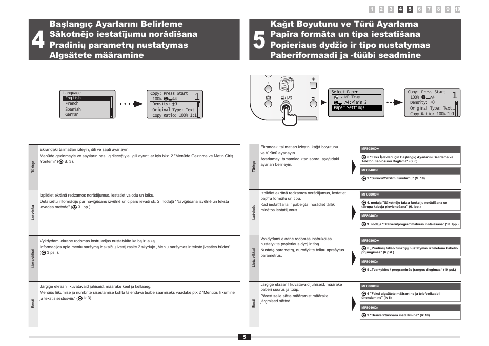 Başlangıç ayarlarını belirleme, Kağıt boyutunu ve türü ayarlama, Sākotnējo iestatījumu norādīšana | Papīra formāta un tipa iestatīšana, Pradinių parametrų nustatymas, Popieriaus dydžio ir tipo nustatymas, Algsätete määramine, Paberiformaadi ja -tüübi seadmine, Pradinių parametrų nustatymas psl, Popieriaus dydžio ir tipo nustatymas psl | Canon i-SENSYS MF8080Cw User Manual | Page 68 / 276