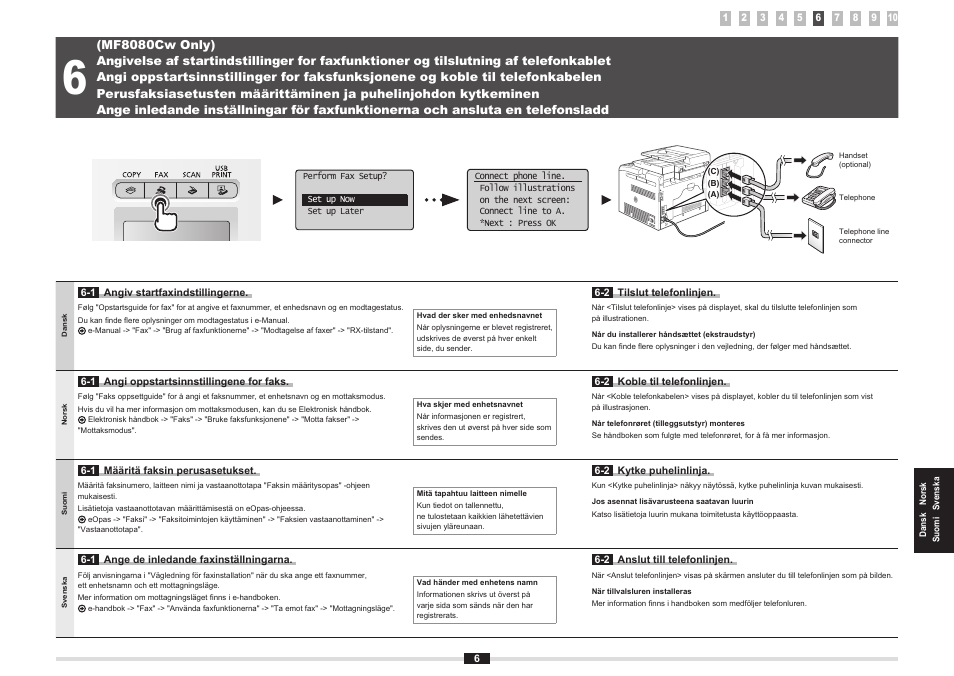 Tilslutning af telefonkablet" (s. 6), Koble til telefonkabelen" (s. 6), Kytkeminen" (s. 6) | Ansluta en telefonsladd" (s. 6) | Canon i-SENSYS MF8080Cw User Manual | Page 83 / 276