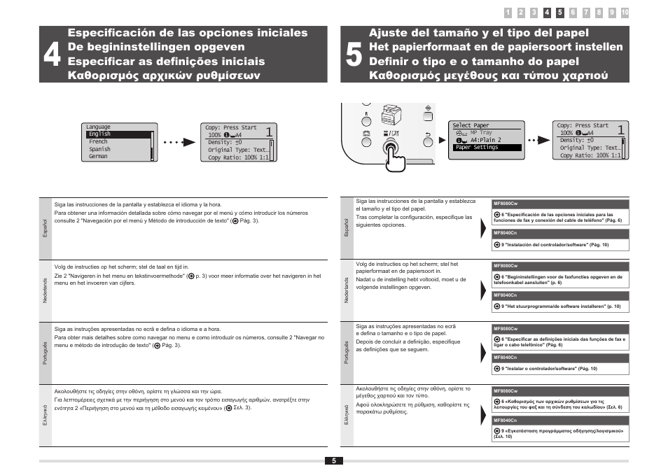 Especificación de las opciones iniciales, Ajuste del tamaño y el tipo del papel, De begininstellingen opgeven | Het papierformaat en de papiersoort instellen, Especificar as definições iniciais, Definir o tipo e o tamanho do papel, Καθορισμός αρχικών ρυθμίσεων, Καθορισμός μεγέθους και τύπου χαρτιού | Canon i-SENSYS MF8080Cw User Manual | Page 96 / 276