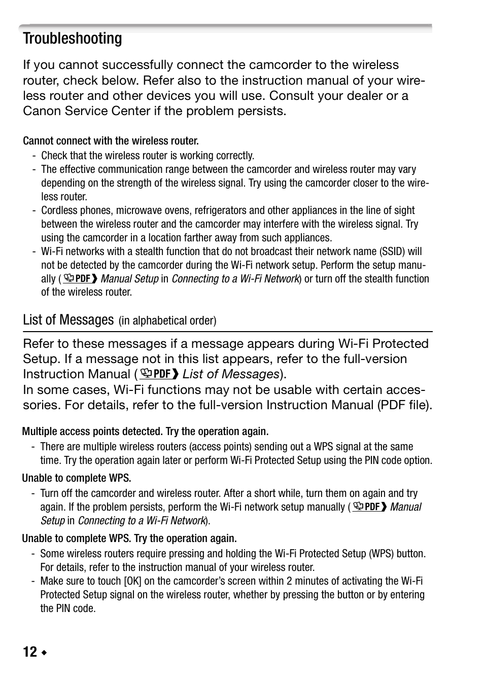 Troubleshooting, List of messages | Canon LEGRIA HF R38 User Manual | Page 30 / 96