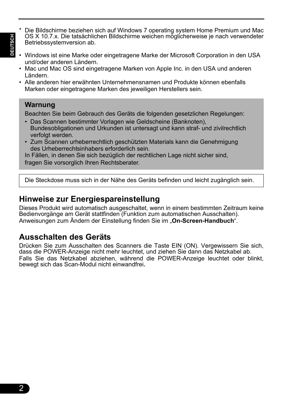 Hinweise zur energiespareinstellung, Ausschalten des geräts | Canon CanoScan 9000F MarkII User Manual | Page 10 / 135