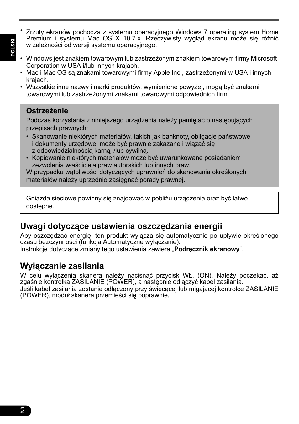 Uwagi dotyczące ustawienia oszczędzania energii, Wyłączanie zasilania | Canon CanoScan 9000F MarkII User Manual | Page 101 / 135