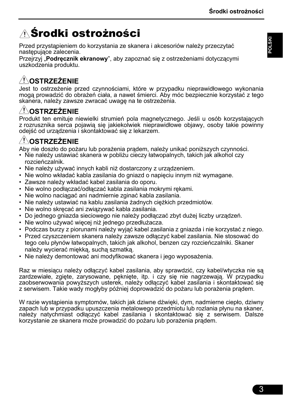 Środki ostrożności | Canon CanoScan 9000F MarkII User Manual | Page 102 / 135