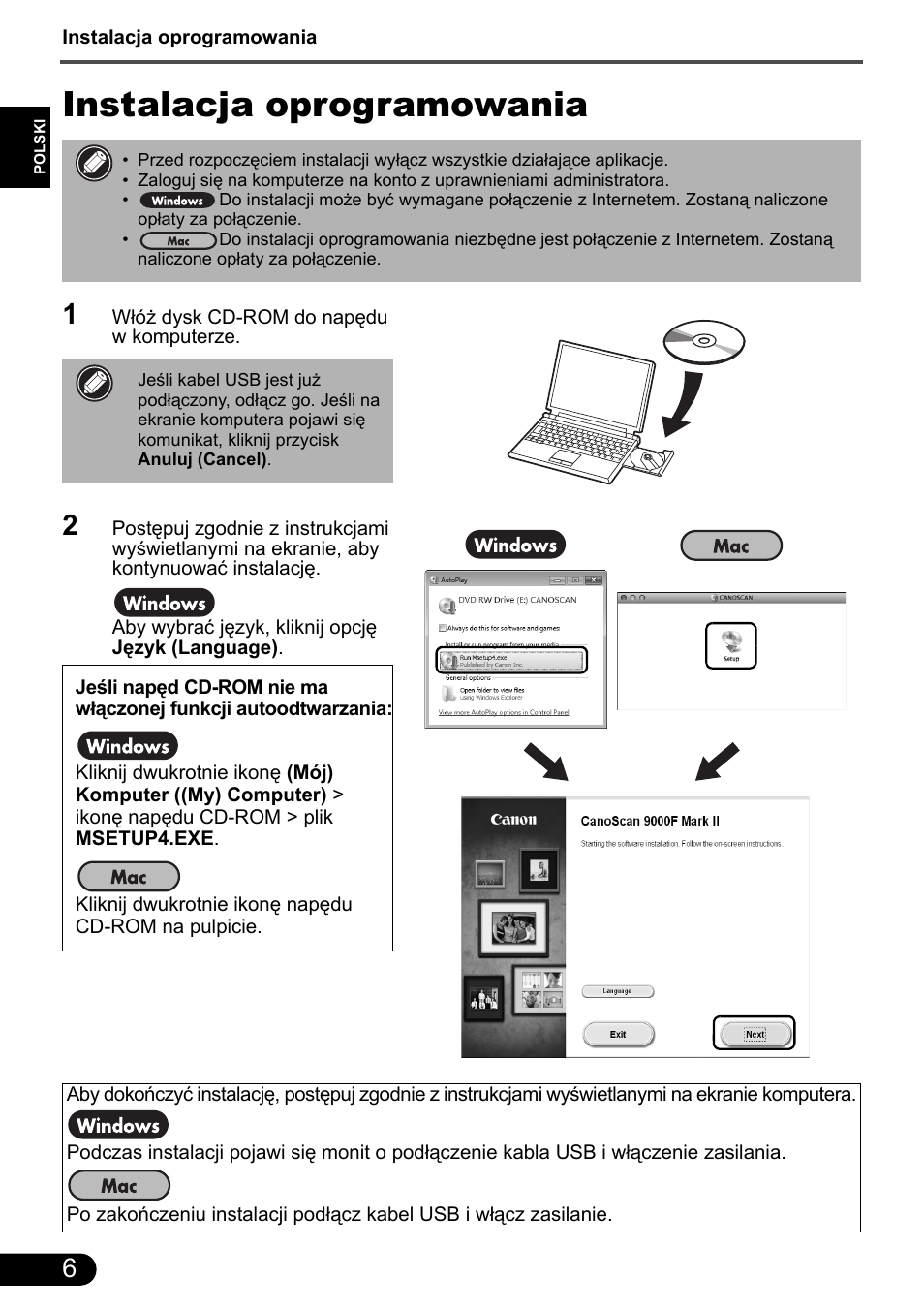 Instalacja oprogramowania | Canon CanoScan 9000F MarkII User Manual | Page 105 / 135