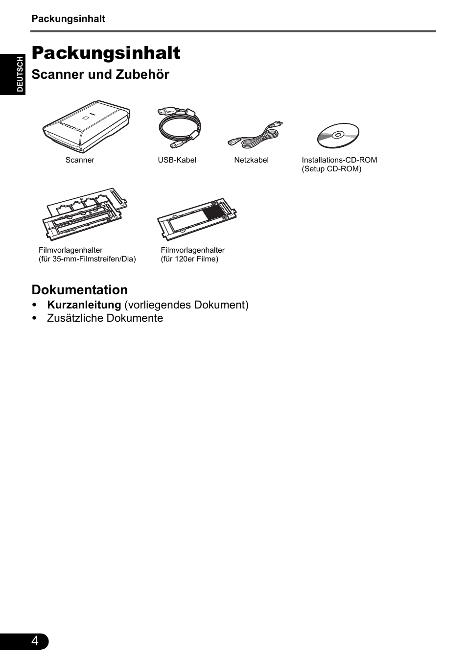 Packungsinhalt, Scanner und zubehör dokumentation | Canon CanoScan 9000F MarkII User Manual | Page 12 / 135