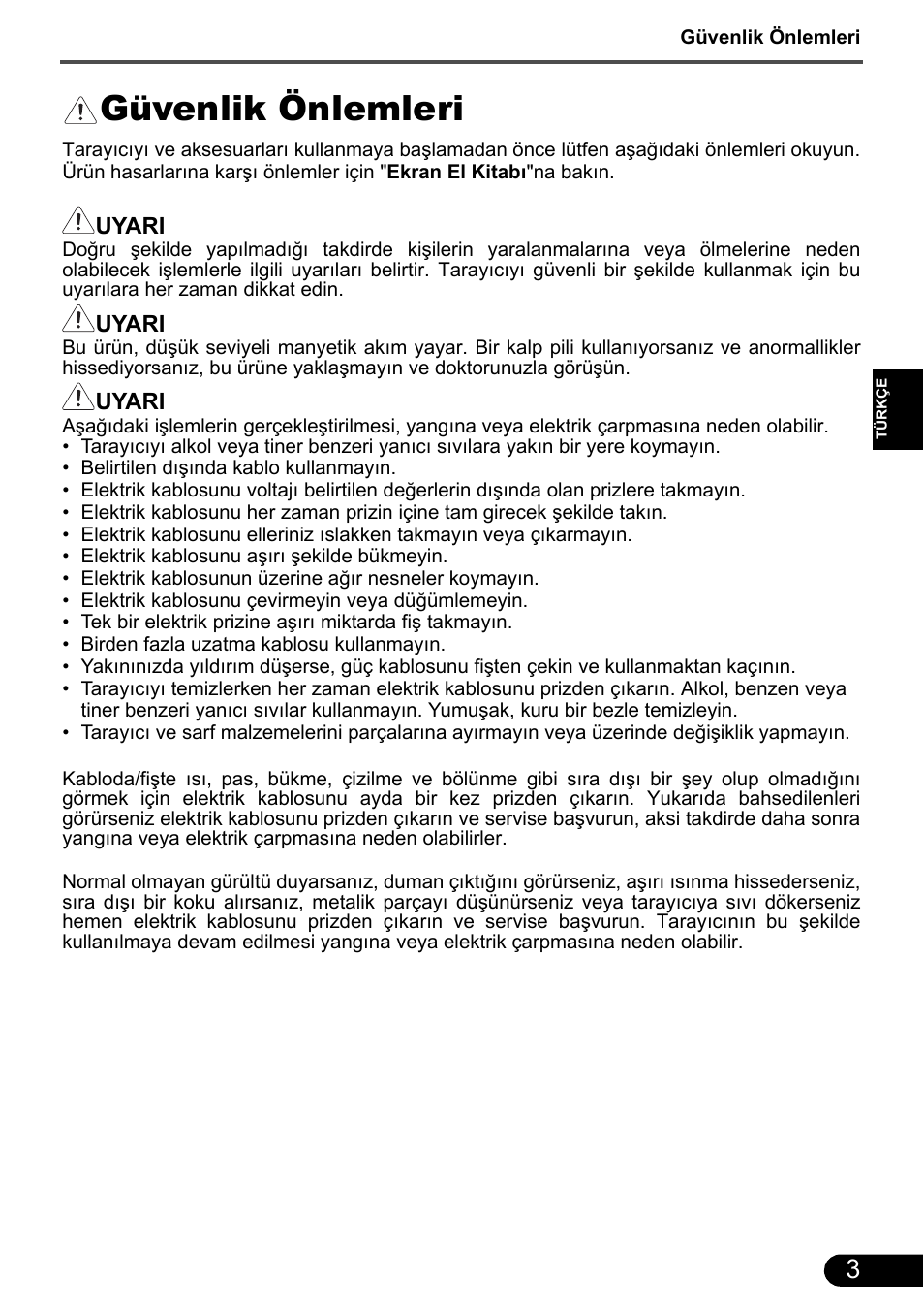 Güvenlik önlemleri | Canon CanoScan 9000F MarkII User Manual | Page 123 / 135