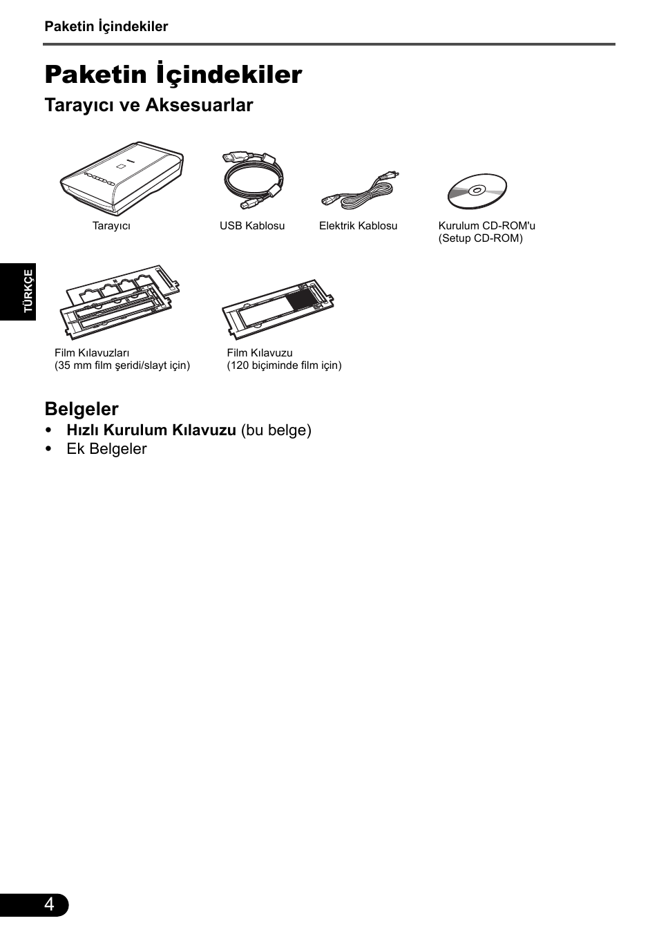 Paketin içindekiler, Tarayıcı ve aksesuarlar belgeler | Canon CanoScan 9000F MarkII User Manual | Page 124 / 135