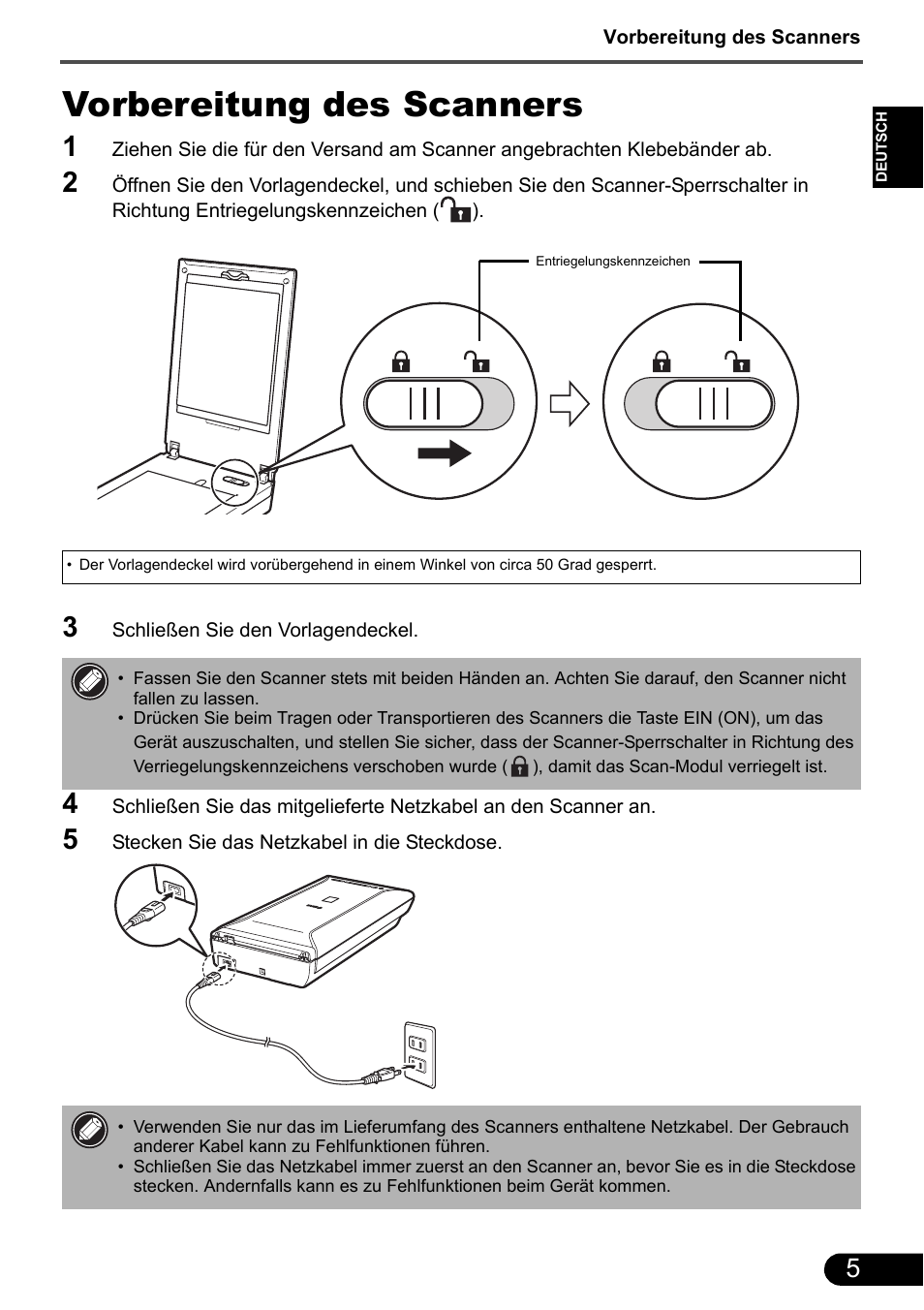 Vorbereitung des scanners | Canon CanoScan 9000F MarkII User Manual | Page 13 / 135