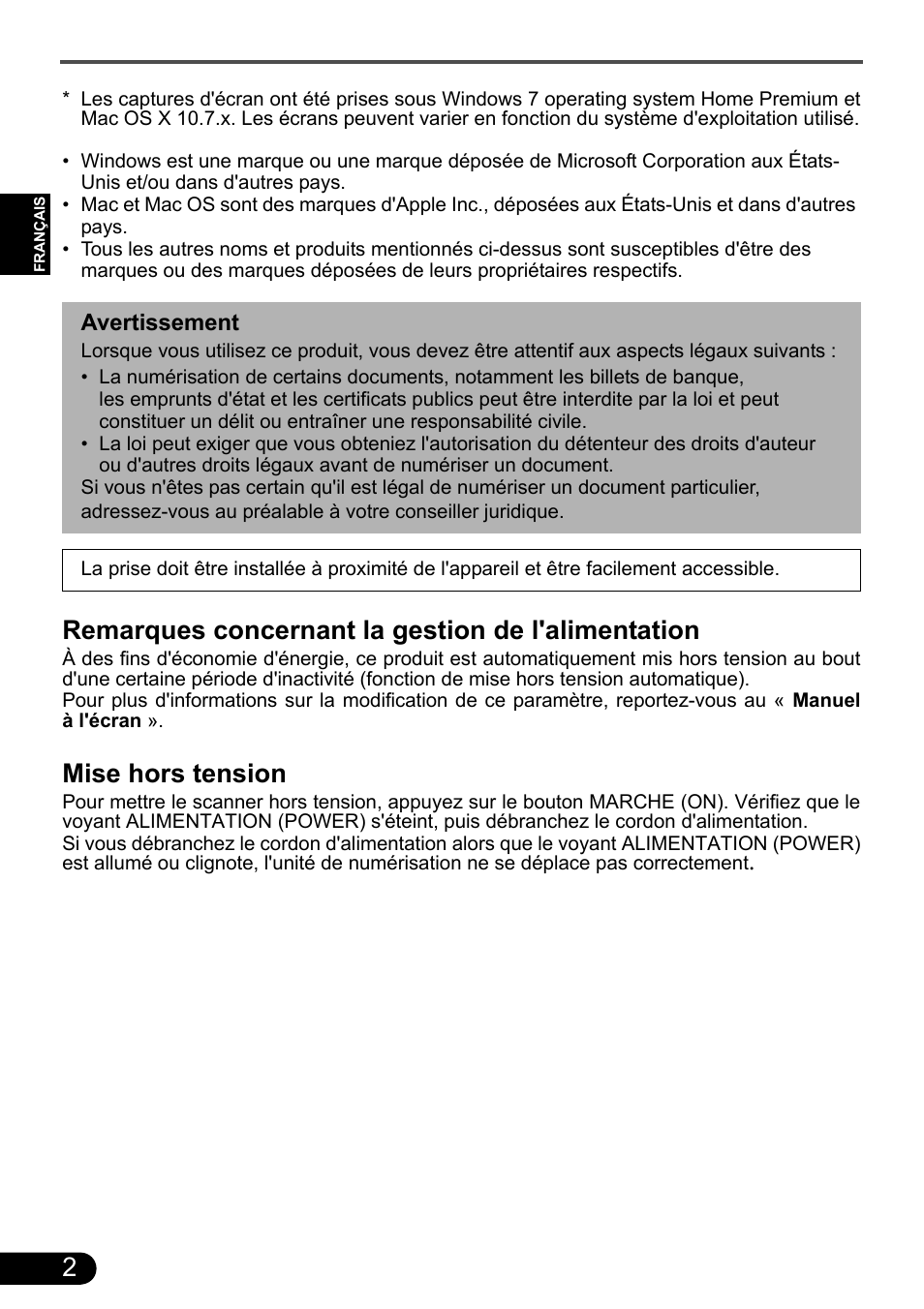 Remarques concernant la gestion de l'alimentation, Mise hors tension | Canon CanoScan 9000F MarkII User Manual | Page 17 / 135
