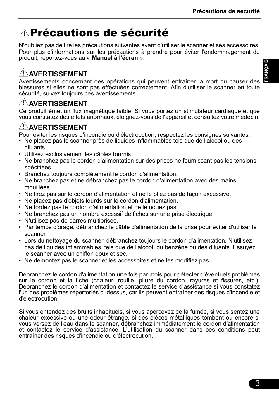 Précautions de sécurité | Canon CanoScan 9000F MarkII User Manual | Page 18 / 135