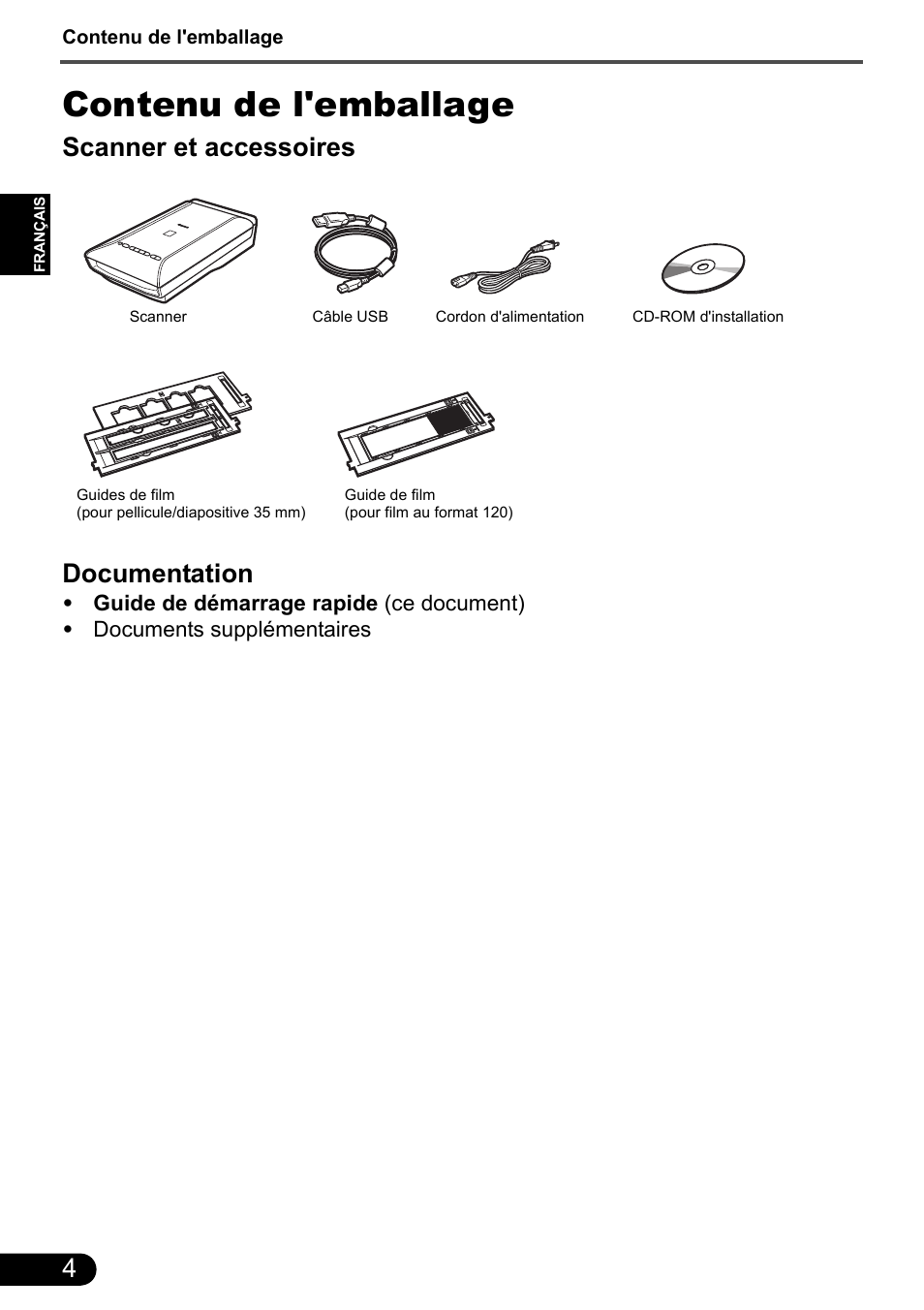 Contenu de l'emballage, Scanner et accessoires documentation | Canon CanoScan 9000F MarkII User Manual | Page 19 / 135