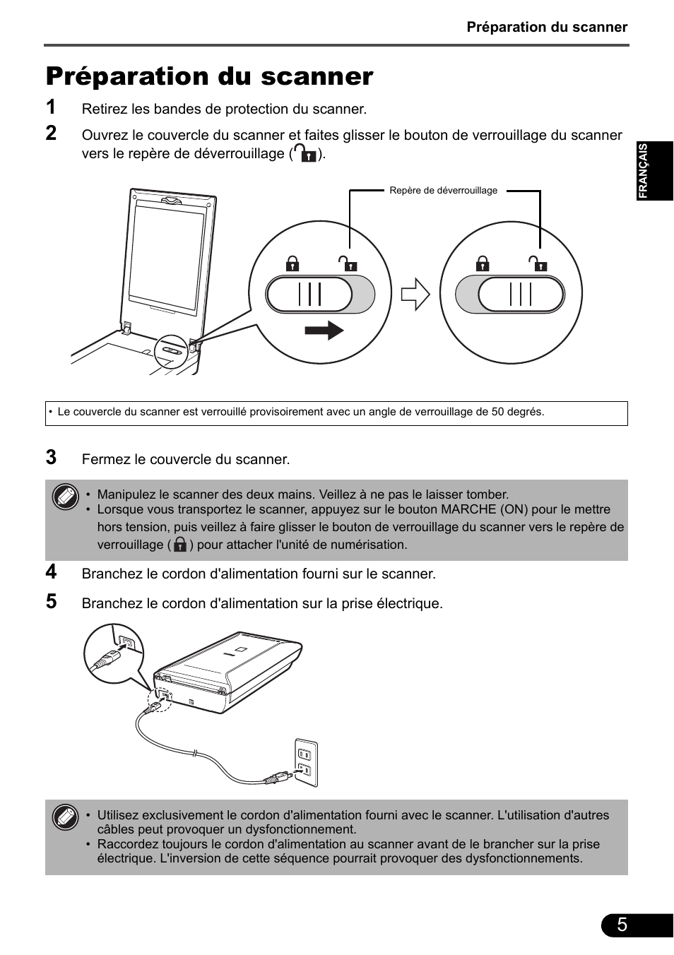 Préparation du scanner | Canon CanoScan 9000F MarkII User Manual | Page 20 / 135