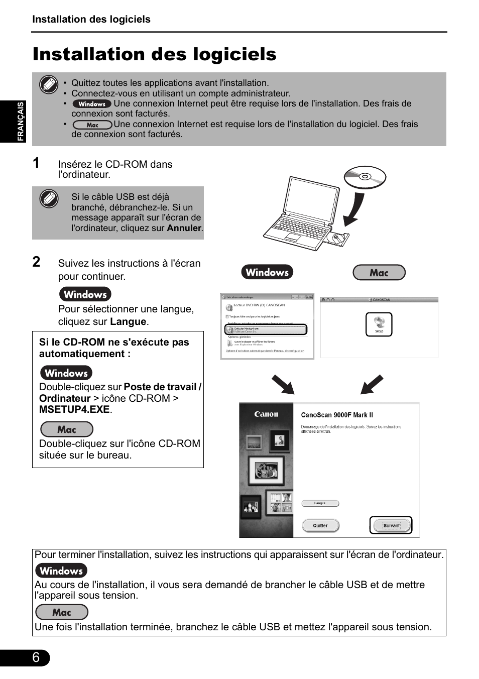 Installation des logiciels | Canon CanoScan 9000F MarkII User Manual | Page 21 / 135