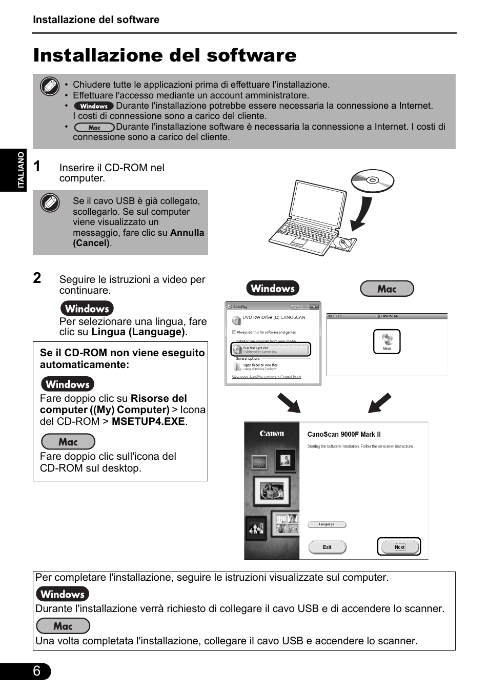 Installazione del software | Canon CanoScan 9000F MarkII User Manual | Page 28 / 135