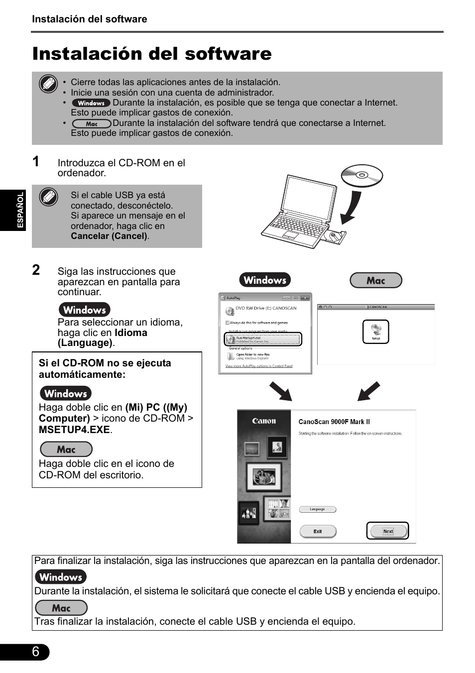 Instalación del software | Canon CanoScan 9000F MarkII User Manual | Page 35 / 135