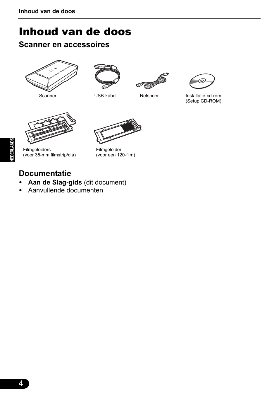 Inhoud van de doos, Scanner en accessoires documentatie | Canon CanoScan 9000F MarkII User Manual | Page 40 / 135
