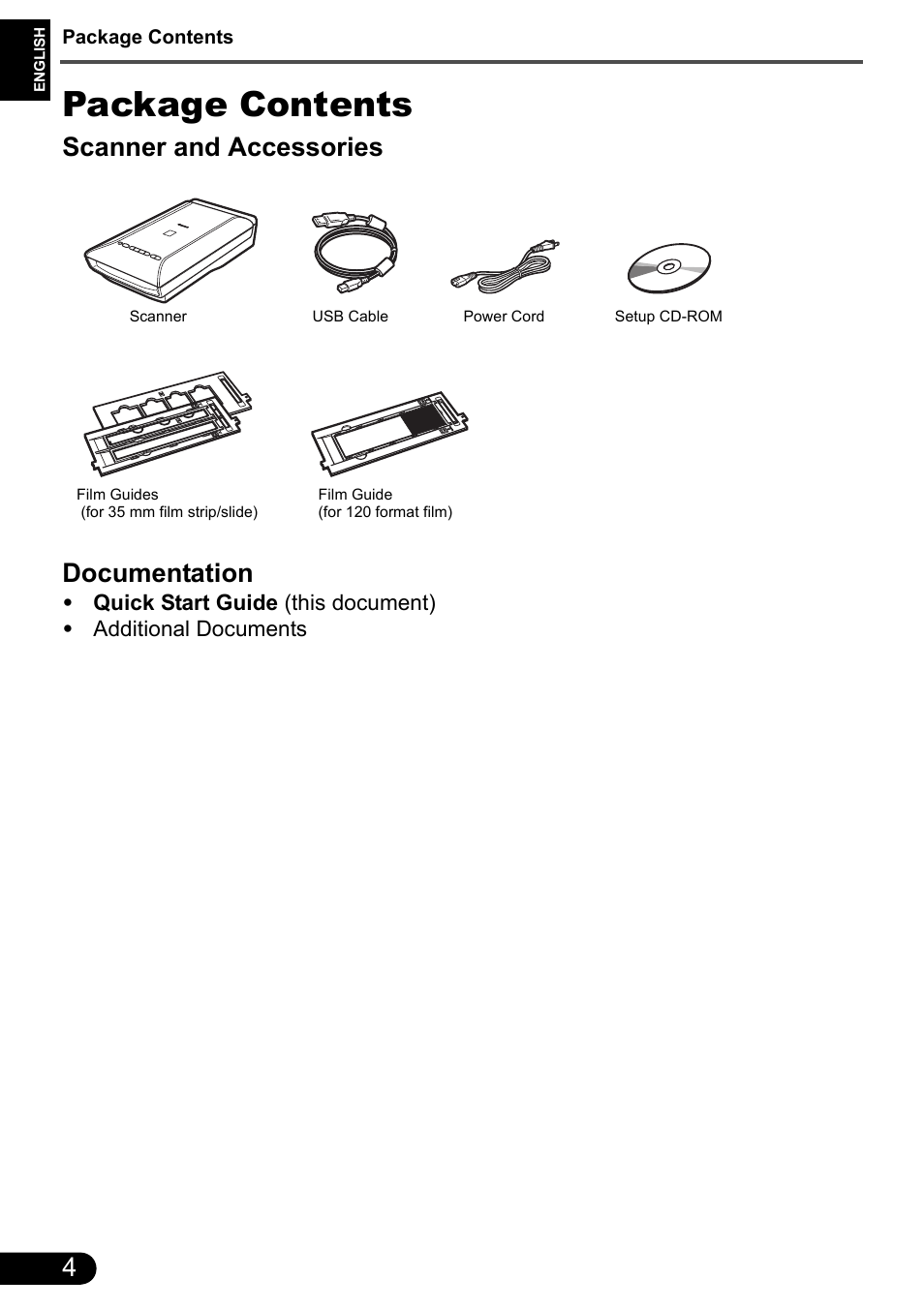 Package contents, Scanner and accessories documentation | Canon CanoScan 9000F MarkII User Manual | Page 5 / 135