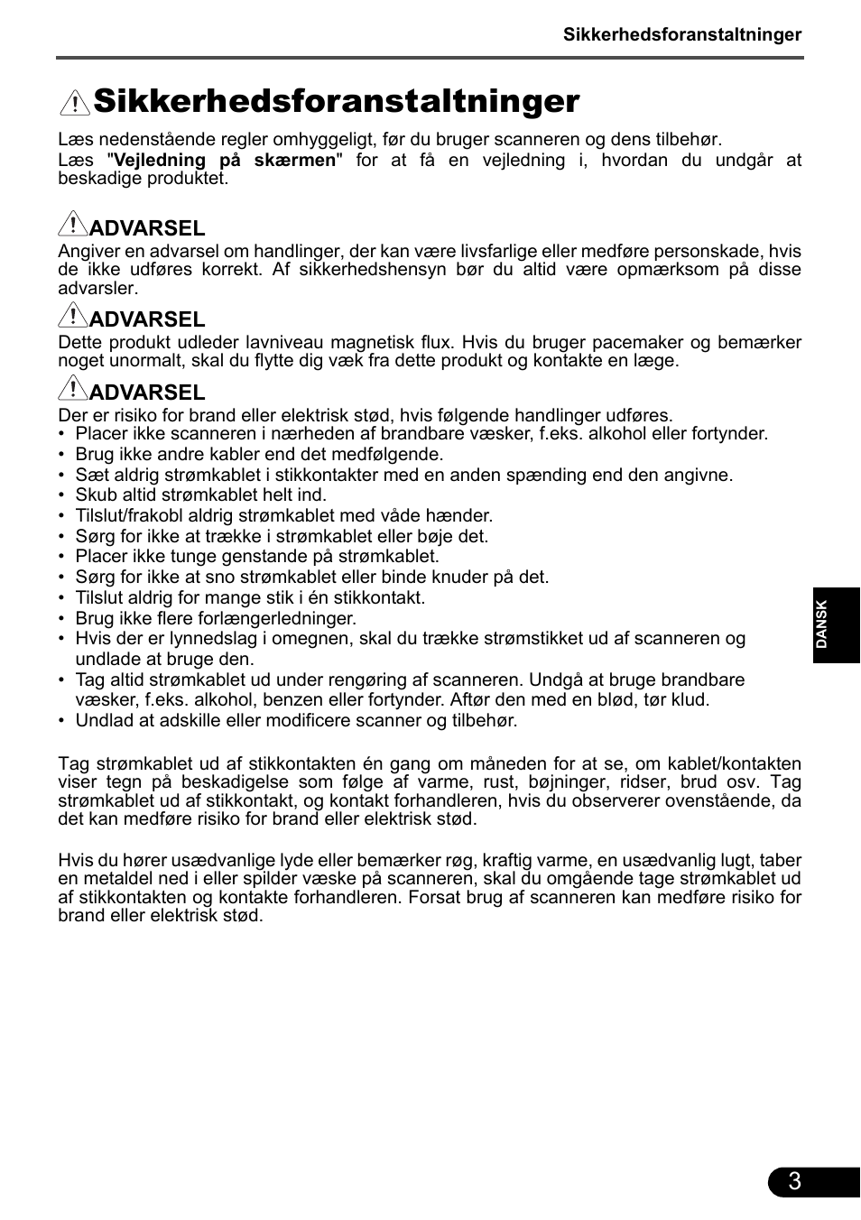 Sikkerhedsforanstaltninger | Canon CanoScan 9000F MarkII User Manual | Page 53 / 135