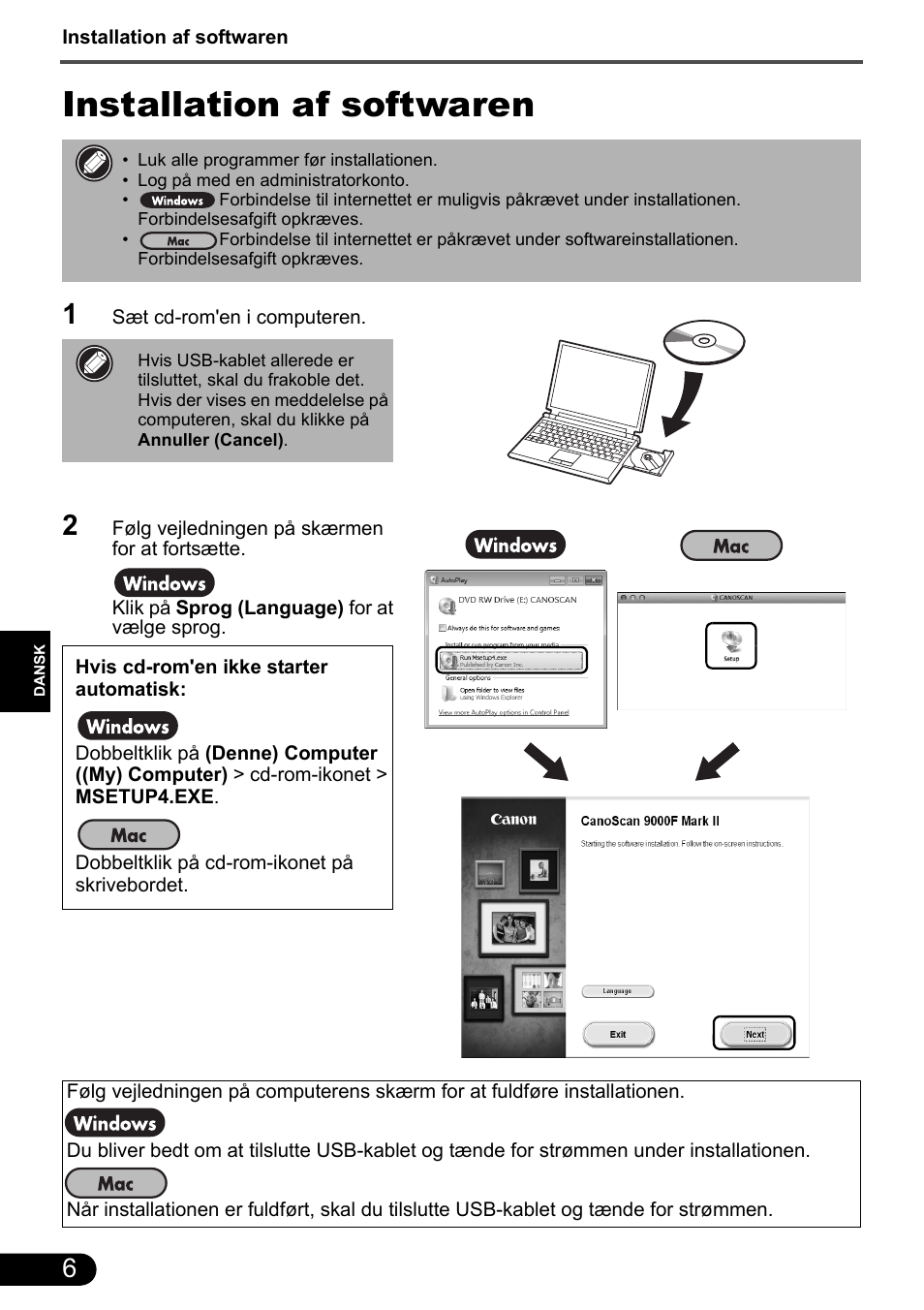 Installation af softwaren | Canon CanoScan 9000F MarkII User Manual | Page 56 / 135
