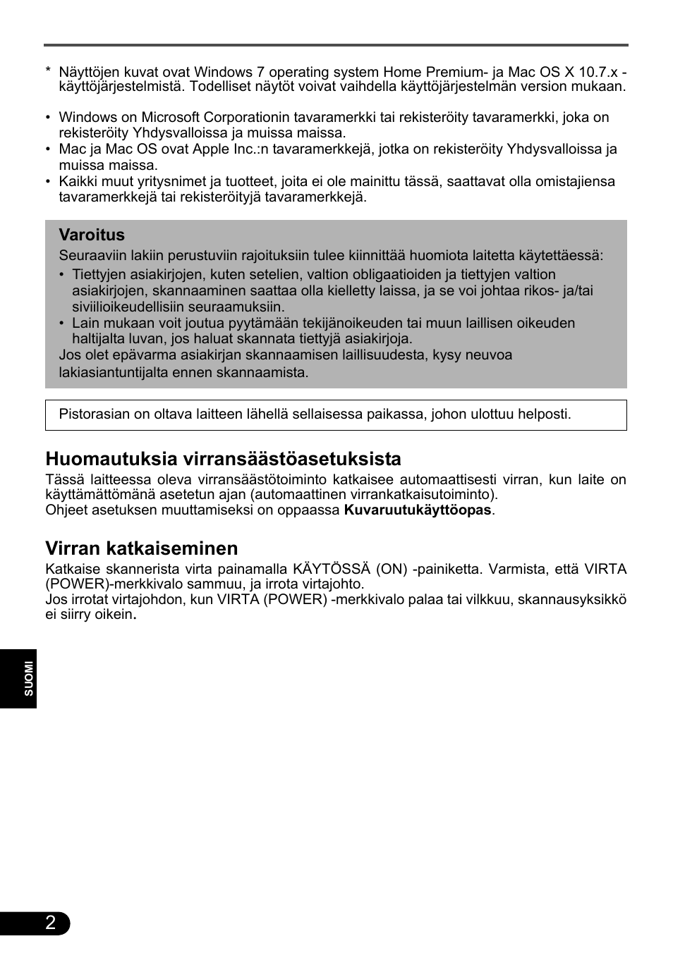 Huomautuksia virransäästöasetuksista, Virran katkaiseminen | Canon CanoScan 9000F MarkII User Manual | Page 73 / 135